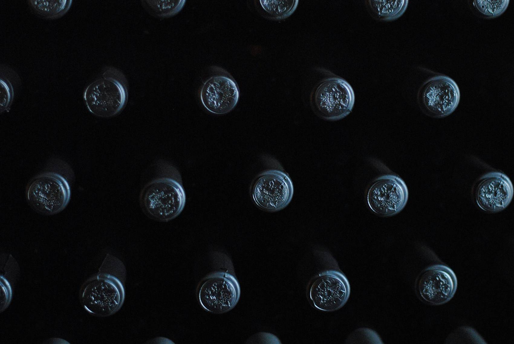 Bottles in storage seen from the base