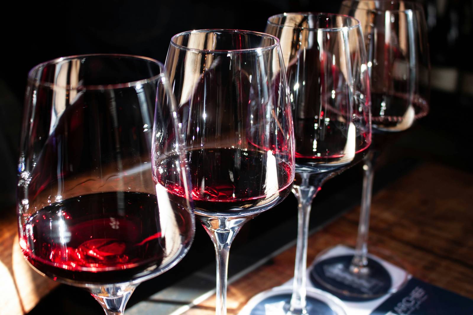 Tasting glasses with red wine